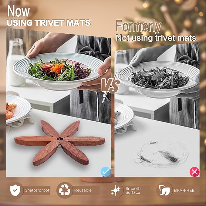 Wooden Trivets for Hot Dishes, Tree Shape Trivet Set, 4 Walnut Wood + 1 Stand stored Like a Christmas Tree,Foldable Kitchen Wooden Trivet,for Hot Dishes、Pot、Bowl、Teapot、Hot Pot Holder(Walnut Wood)