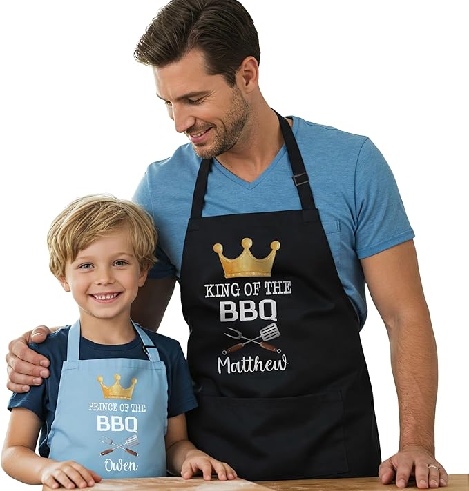 Personalized Matching Aprons for Toddler and Adults, BBQ Aprons for Dad, Grandpa, Husband, Son, Daughter, Prince of the BBQ, King of the BBQ, Father and Son Gifts for Christmas, Princess Grill