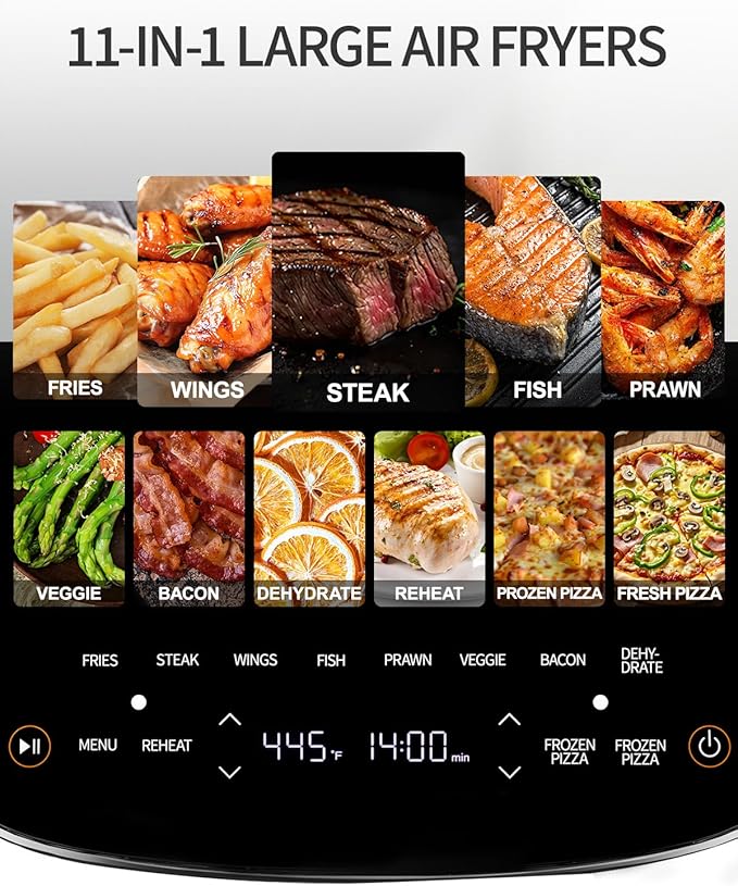 Extra Large Air Fryer,11-IN-1 6 QT 450F Air Fryer with Superior Airflow, Dual Heat Source Technology, Smart Digital Wide Fryer with Basket, Fits a 12" Pizza or 6-Slice Toast
