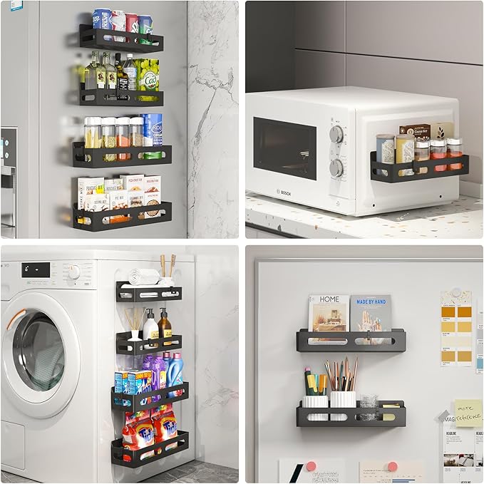 2 Pack Magnetic Spice Rack for Refrigerator, Spice Rack Organizer, Moveable Magnetic Shelf Fridge Organizer with 4 Hooks for Kitchen and Oven Organization, Black