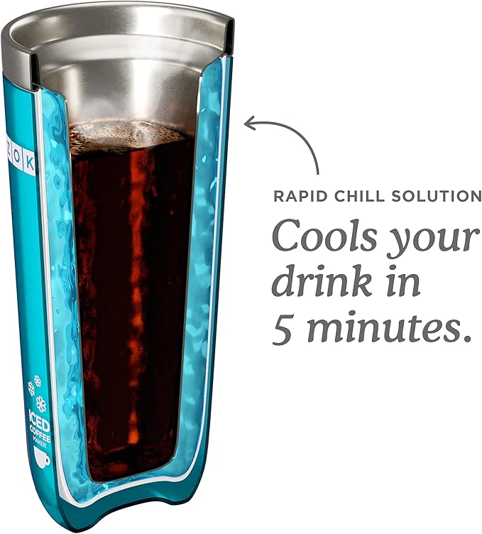 Zoku Instant Iced Coffee Maker, Reusable Beverage Chiller Cools Hot Beverages in Minutes Without Dilution, Portable 11-ounce Tumbler With Spill-resistant Lid and Straw, Teal