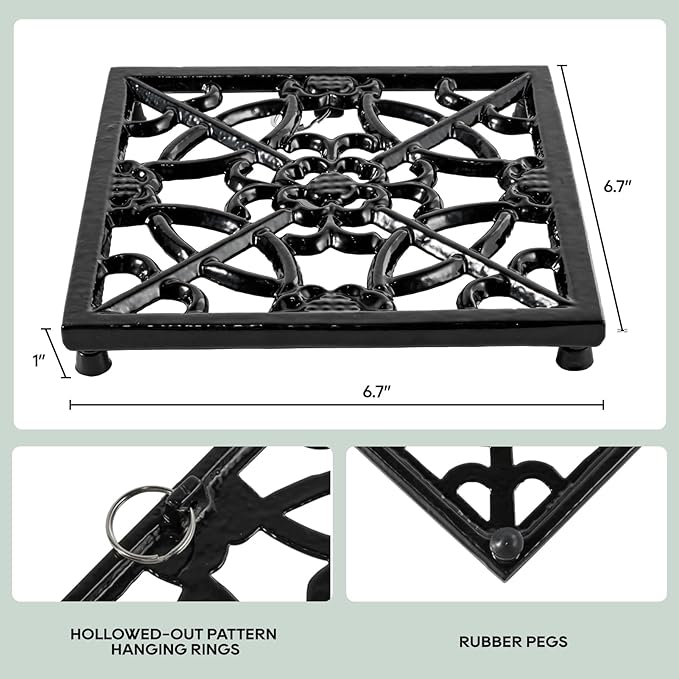 JOGREFUL Cast Iron Trivet Mats, Kitchen Pot Holders to Portect Table/Countertops, Heat Resistant Mats for Teapot/Hot Dishers/Plates, Vintage Mats with Weighted-Base, Flower Black