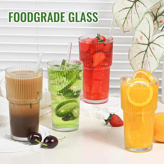 20 oz Glass Cups and Straw 2 Set, Glass Tumbler with Straw, Vintage Glassware for Whiskey Cocktail Beer, Iced Coffee Cups (2 PACK)