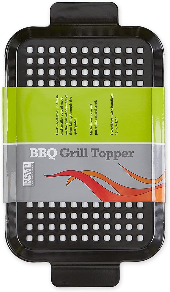 RSVP International Porcelain Coated Steel BBQ Grill Tray/Pan, Outdoor Barbeque Grilling Accessories for Cooking Fish & Vegetables, Dishwasher Safe, Small, 13x7.25