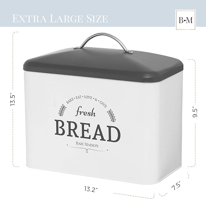 Extra Large White Farmhouse Bread Box for Kitchen Countertop - Breadbox Holder Fits 2+ Loaves - Bread Storage Container Bin - Rustic Bread Keeper Vintage Metal Kitchen Decor for Counter (Grey Lid)