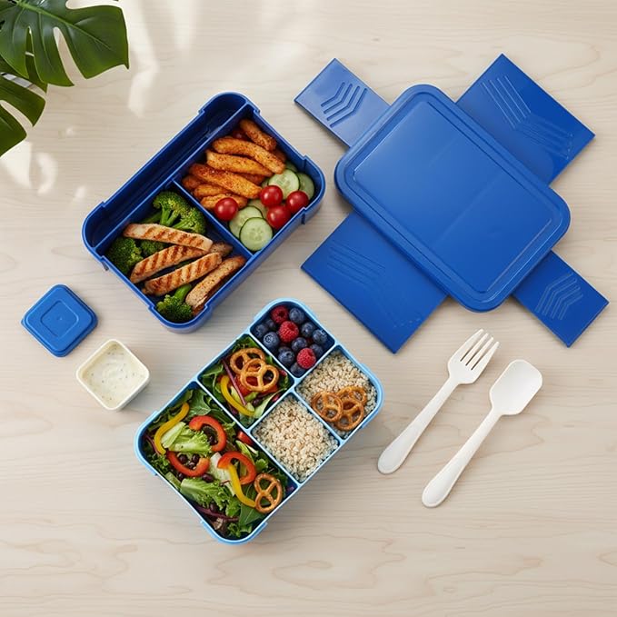 6-compartment Bento Box, 50oz Lunch Container with Utensils & Sauce Cup, Microwave & Dishwasher Safe, Leakproof Lunch Box for Adults Men Women(Royal Blue)