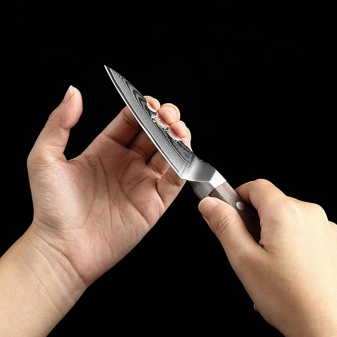 Wakoli HIK Damascus Office Knife – Full Tang Paring Knife | 3.4-Inch Blade Made of 67-Layer Damascus Steel with VG10 Core | Walnut Wood Handle | Sharp, Durable, Gift Box Included