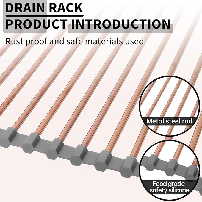 15.74" x 17"Large Roll Up Dish Drying Rack Over The Sink Dish Drying Rack,Stainless Steel Multipurpose Foldable Dish Drying Rack with Anti-Slip Silicone for Kitchen Counter Drainer,Rose Gold