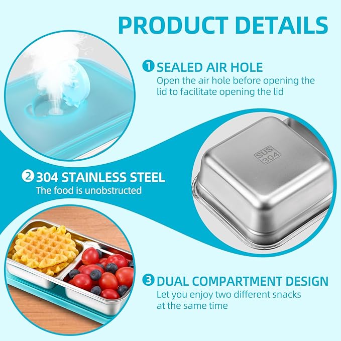 Stainless Steel Snack Containers with Lids, 2 Pack Reusable Grab and Go 2 Compartment Lunch Box for Travel & Outdoor Campin.