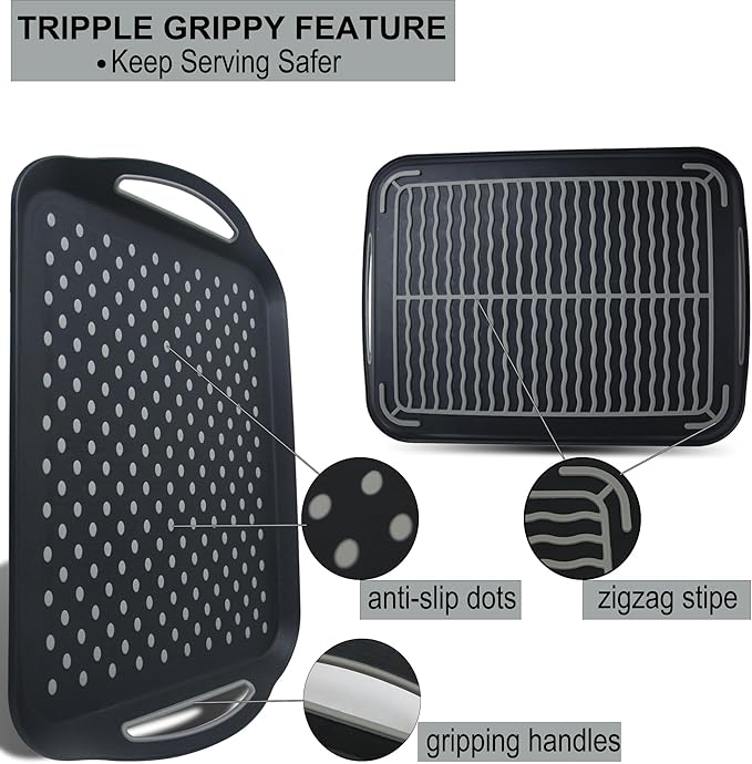 Large Nonslip Serving Tray with Handles, Silicone Grippy Dots Lap Food Trays for Eating, Dishwasher Safe Serve for Breakfast Dinner Snack Fruit Appetizers Beverage, Rectangular, Set of 2, Black