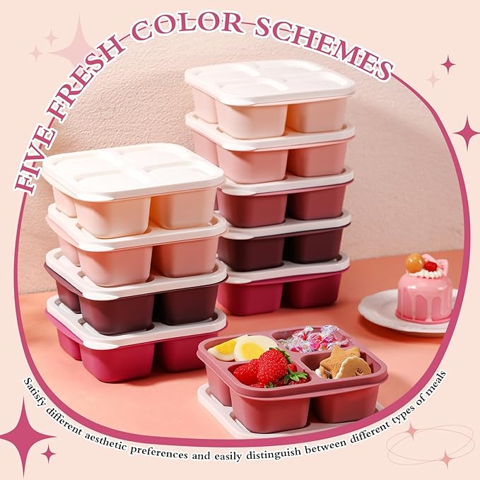 Honeydak 10 Pack Snack Containers 4 Compartment Bento Snack Boxes Reusable Lunchable Containers with Lids Divided Meal Lunch Food Storage Box for School Work Travel