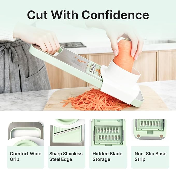 Stainless-Steel Mandoline Slicer for Kitchen, 6-in-1 Vegetable & Cucumber Slicer with Safety Guard, Easy-Clean Design, Compact Space-Saving Tool for Daily Salad & Meal Prep (Mint Green)