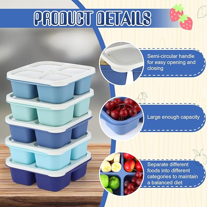 Honeydak 5 Pack Snack Containers 4 Compartment Bento Snack Boxes Reusable Lunchable Containers with Lids Divided Meal Prep Lunch Food Storage Box for School Work Travel(Blue Ombre,Equal)