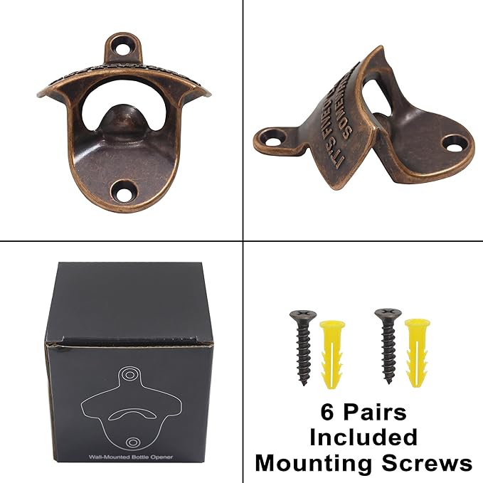 Wall Mount Bottle Opener Rustic, IT'S FIVE O'CLOCK SOMEWHERE Antique Copper Beer Opener Mountable for Cabin Backyard (Pack of 6)