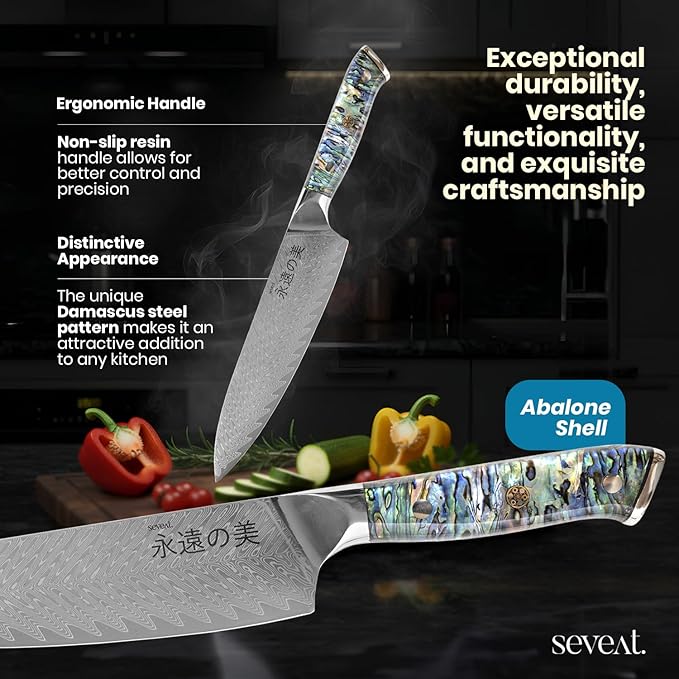 Damascus Kitchen Knife Set, 67-Layer Damascus Steel, Professional Chef Knives Set for Kitchen, Ergonomic Wood & Resin Handle (Blue, 3 pieces with Shell Handle)
