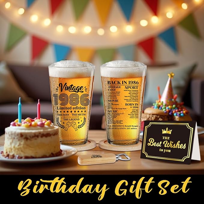 Funny 40th Birthday Gifts 40 Year Old Birthday Gifts for Men Vintage 1986 Beer Drinking Glass Happy Anniversary 40th Birthday Party Supplies Decorations Man for Him Friend - 2026
