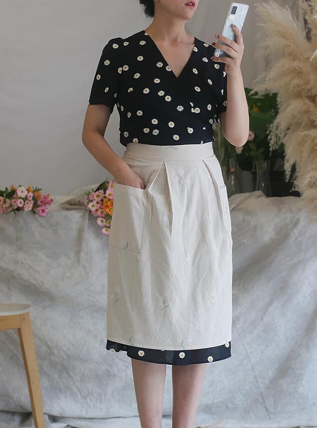 Cotton Long Bistro Half Apron for Woman, Big Pockets, Embroidered Flower, Extra Long Waist Ties, Cook Chore Waitress