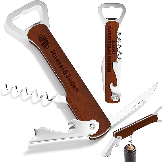 Custom Wine Bottle Opener, 2PCS Personalized Corkscrew Wine Opener, Double-sided Laser Engrave Wooden Beer Bottle Opener, Multitool Beer Can Opener for Wedding Party Favors Promotional Items (Sapele)