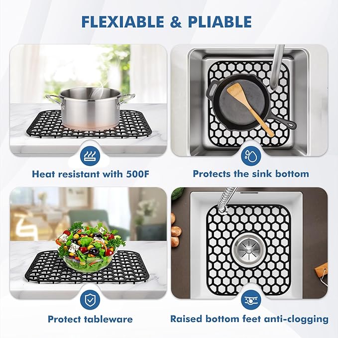 Silicone Sink Protectors for Kitchen Sink - 12" x 11" Kitchen Sink Grid Accessory, Non-Slip Heat-Resistant Mat for Bottom of Porcelain Stainless Steel, Dishwasher Safe (Black)