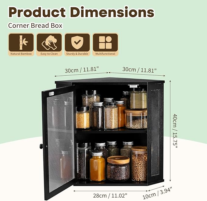 Corner Bread Box for Kitchen Countertop - Bamboo Large Capacity Bread Storage Bin with Acrylic Wavy Door Panel,Bread Box (Black,Extra Large)
