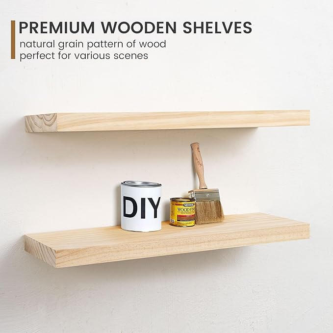 Fun Memories 36 Inch Floating Shelves for Wall, Deep Rustic Solid Wood Floating Shelves for Storage - Farmhouse Wall Mounted with Heavy-Duty Metal Bracket, 36" W x 8" D, Set of 2,Unfinished for DIY
