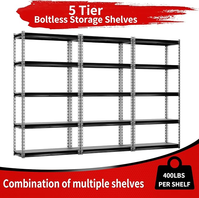 30" W Laminated Heavy Duty Metal Shelving Unit 2000 Lbs Boltless Garage Storage Shelves Utility Rack Shelf Warehouse Pantry Shed 30" W x 12" D x 60" H, Dark Gray