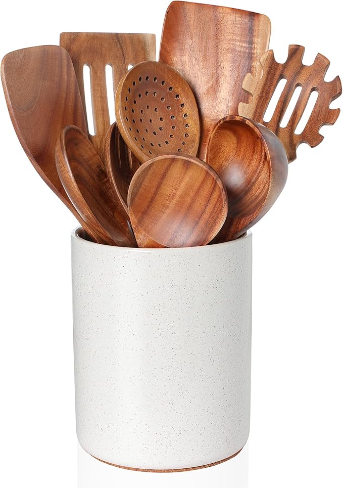 Nucookery Wooden Cooking Utensils Set with Holder, Teak Wood Utensils, Ceramic Holder for Countertop with Protection Cork Bottom, Nonstick Spoons, Cooking Spatula Set, 10 Pcs Kitchen Decor, (Sand)