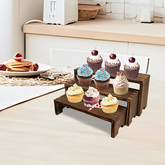 12Pcs Display Riser Wood Risers Cupcake Stand 3 Tier Racks Decorative Rectangular 4 Set Cologne Perfume Organizer Dessert Stands for Vendors Event