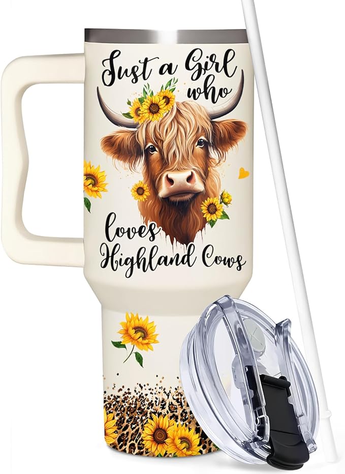 Highland Cow Gifts - Cow Gifts for Woman for Cowgirls - Birthday Gifts for Female Farmers for Cowgirl - Farming Gifts - Cowgirl 40Oz Tumbler with Handle & Straw