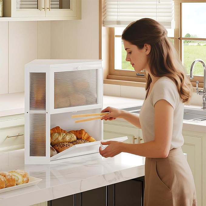 WOWLIVE Corner Bread Box for Kitchen Countertop, Double Layer Bamboo Bread Storage Container, Large Farmhouse Bread box with Acrylic Wavy Door Panel, Under Cabinet Organizer (White, Extra Large)