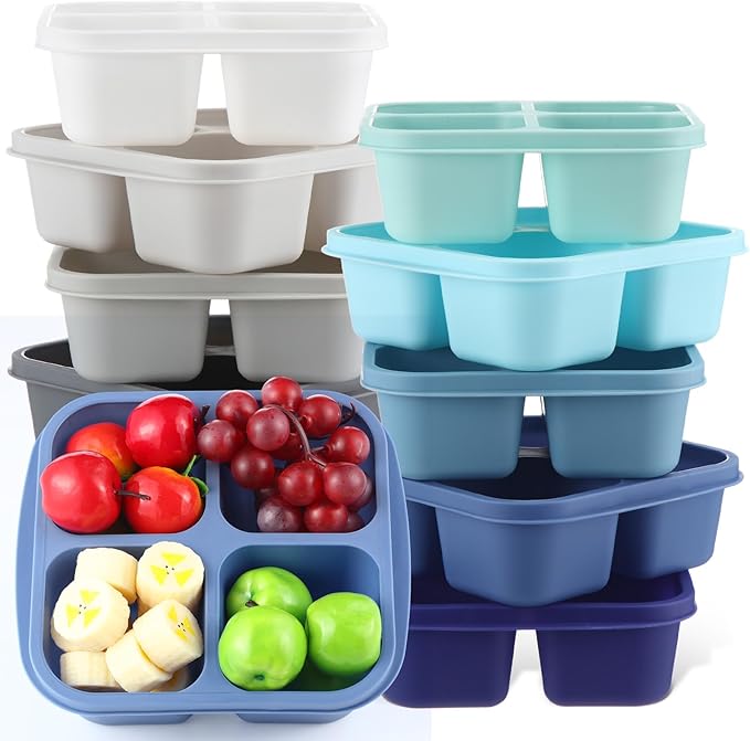 Honeydak 10 Pack Snack Container 4 Compartment Reusable Bento Snack Boxes Divided Lunch Containers with Lids Meal Prep Lunch Food Storage Boxes for School Work Travel (Glacier Color)