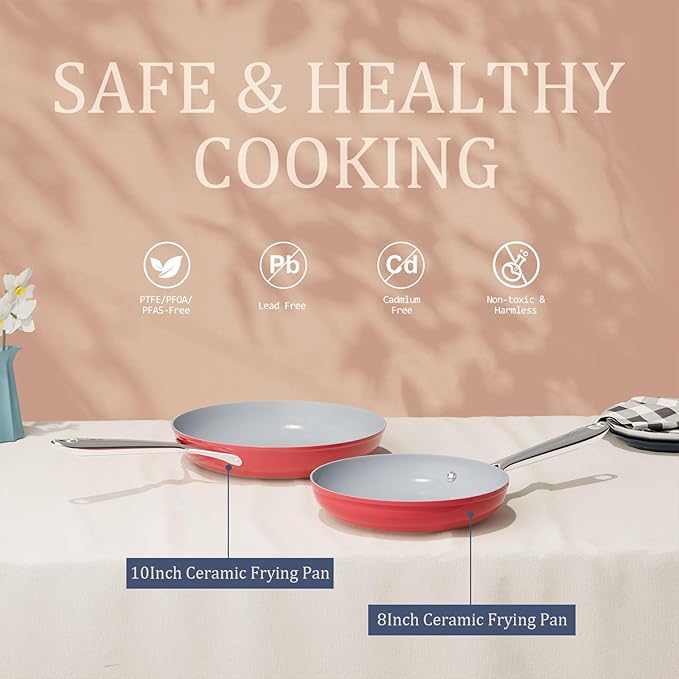 Nonstick Ceramic Frying Pan 8" for All Cooktops, Healthy PFAS Free Cooking Pan, Even & Quick Heat Distribution Oven Safe to 500°F, Healthy Non Toxic Skillet w/Ergonomic Stay-Cool Handle, Fusion Red