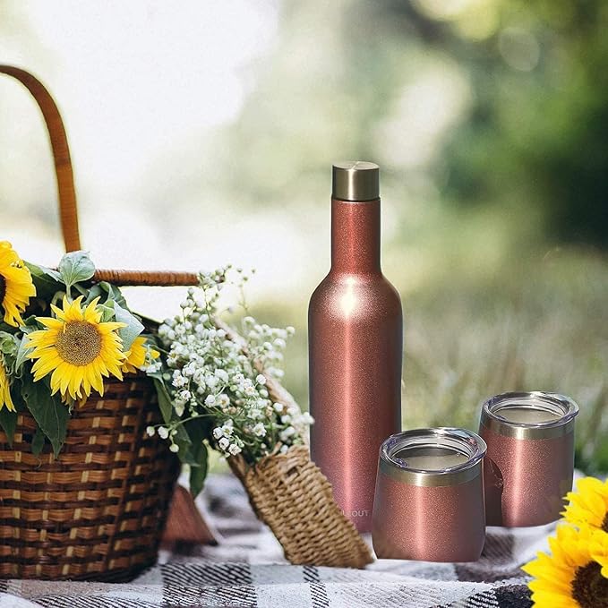 CHILLOUT LIFE 12 oz Stainless Steel Wine Tumblers 2 Pack & 1 Insulated Wine Bottle - Double Wall Vacuum Insulated Wine Glasses Cups with Lids and Straws Set Keeping Cold & Hot Gift Set - Rose Gold