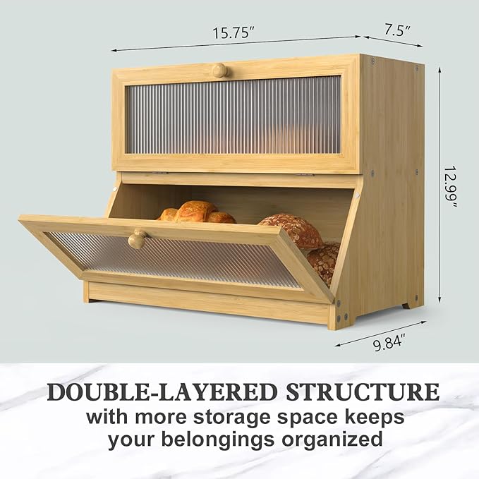 Bread Box for Kitchen Countertop: 2-Tier Bamboo Large Bread Storage Container,Wood Color