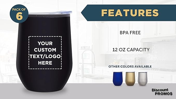 Custom Stemless Wine Tumblers 12 oz. Set of 6, Personalized Bulk Pack - Insulated, Perfect for Wine, Cocktails, Other Hot & Cold Beverages - Black