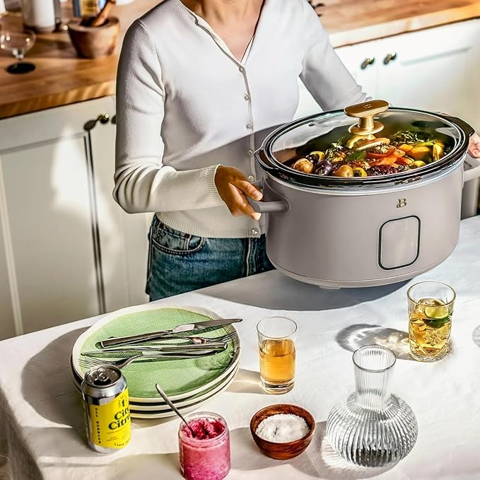 Beautiful 6 Qt Programmable Slow Cooker by Drew Barrymore - 5 Preset Cooking Functions, Digital Countdown Timer, Dishwasher-Safe Parts, and Cool-Touch Handles (Porcini Taupe)
