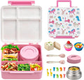 JSLOVE Bento Lunch Box with Leak Proof Thermos Food Jar for Kids, Food Lunch Containers for Girls with 4 Compartments, BPA-Free with Utensils, Food Picks, Sauce Jar & Silicone Lunch Box Dividers