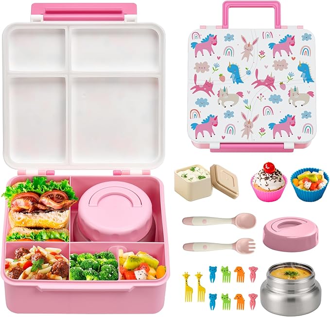 JSLOVE Bento Lunch Box with Leak Proof Thermos Food Jar for Kids, Food Lunch Containers for Girls with 4 Compartments, BPA-Free with Utensils, Food Picks, Sauce Jar & Silicone Lunch Box Dividers