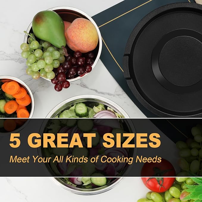 5 Piece Mixing Bowl Set, Mixing Bowls with Lid, Stainless Steel Mixing Bowls for Baking, Size 1.5, 2.1, 3.5, 4, 4.5QT, Baking Bowl for Food Preparation, Mixing and Serving Foods