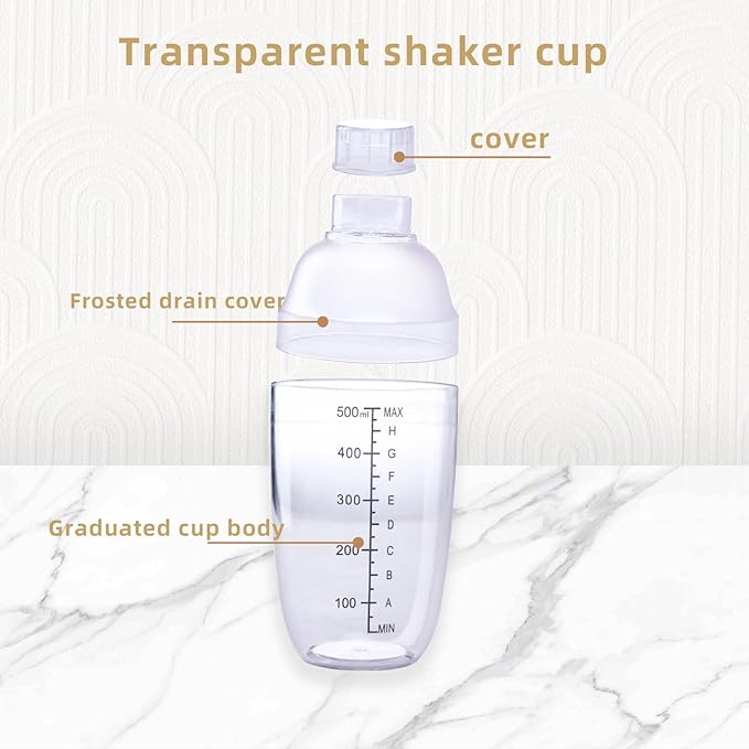Plastic Bar Cocktail Shaker with Measuring Jigger Set,Hand Drink Mixer Boba Tea Shaker Cup with Scales,Bar Tool Transparent Protein (500ML)