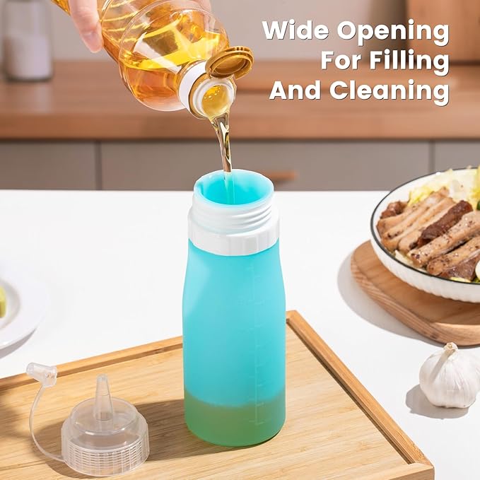 Condiment Squeeze Bottles, 16 oz Silicone Squeeze Bottles For Sauces, Leak Proof Condiment Containers with Extra Interchangeable lid, Easy Squeeze for Oil, Honey & Dressings, BPA FREE (4 Pack)