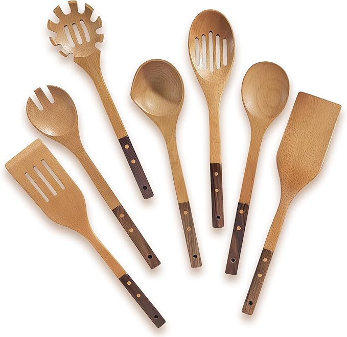 Wooden Spoons Set 7-Piece, Two-Tone Walnut & Beech Utensils, Elegant Non-Stick Kitchen Tools, Heat Resistant Cooking Gift Set with Pasta Spoon & Skimmer