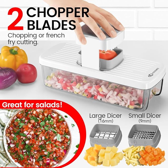 KEOUKE 8-in-1 Vertical Vegetable Chopper Mandoline Slicer with Container White - Safe Tap Out Dicer with Hand Guard for Kitchen Easy Food Prep, Onion Potato Veggie Fruit
