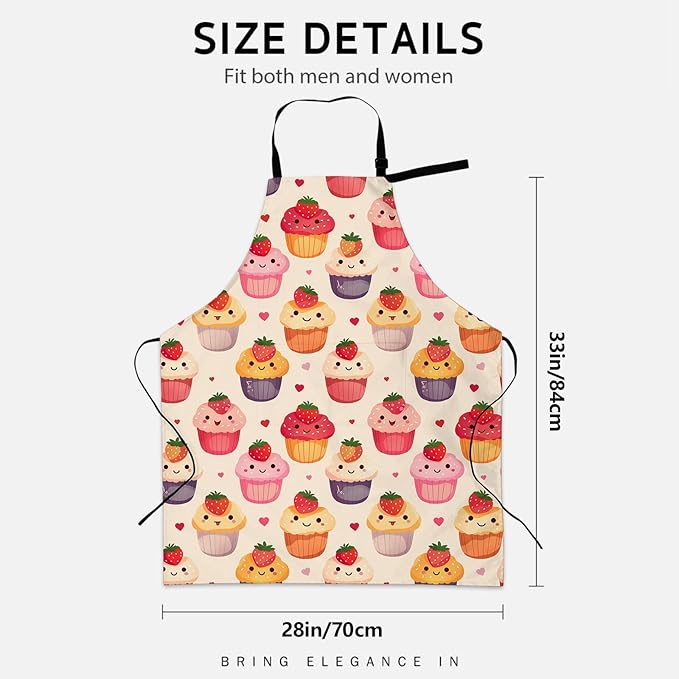 Smiling Cupcake Apron for Women, Cooking BBQ Chef Polyester Lightweight Cute Kawaii Cake and Heart Aprons with Pockets for Baking Kitchen Gardening Cleaning, Adjustable Neck Strap, 28×33inch