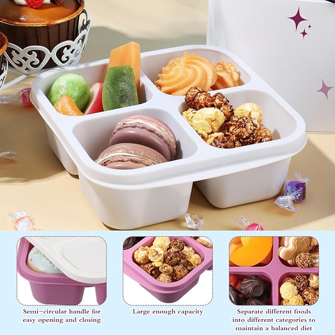 Honeydak 10 Pack Snack Container 4 Compartment Reusable Bento Snack Boxes Divided Lunchable Containers with Lids Meal Prep Lunch Food Storage Boxes for School Work Travel(Elderberry Color)