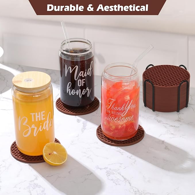 Silicone Coaster Set of 8 with Holder, Drinks Coasters, Beer & Coffee, Anti-Slip, Non-Stick, Anti-Overflow Tabletop Protection and Decor (8 Pcs, Brown)