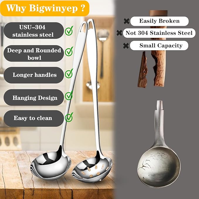 Soup Ladle Slotted Spoon Set, 304 Stainless Steel 12.2Inch Metal Ladle, Extra Large Soup Spoon with Long Handle for Serving, Cooking, Stirring, Serving Soups, Silver