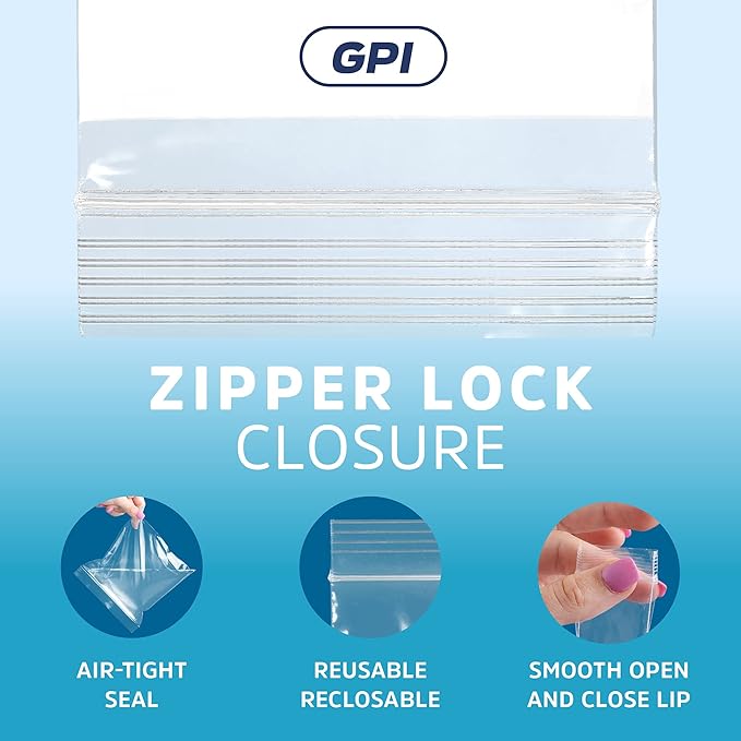 100 Count, 8" x 10" 1/2 Gallon Zip Bags, 2 Mil Thick Clear Plastic Reclosable Zipper Lock Bags with Write-on White Block, with Resealable Zip Top Lock for Food Storage, Sandwiches & Office Supplies