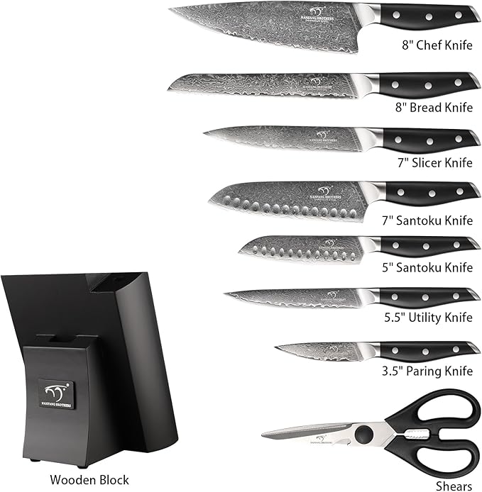 Damascus Knife Set with Block for Kitchen, VG10 Steel Chef Knife Set with Triple-Rivet Handles, Knife Sharpener, Natural Ash Wooden Knife Block, 10PCS