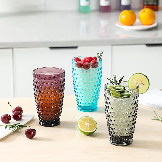 G Hobnail Old Fashioned Iced Beverage Glass 13oz Set of 6, Premiun Glass Set for Refreshments Soda Juice Perfect for Dinner Parties, Bars & Restaurants (Multicolor, Highball)